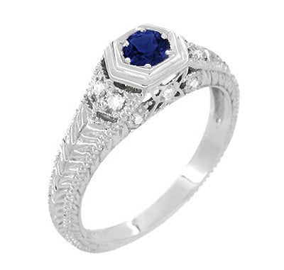 Art Deco Filigree Sapphire and Diamond Engagement Ring in White Gold | Antique Inspired Low Profile Ring - Item: R646W10S - Image: 3