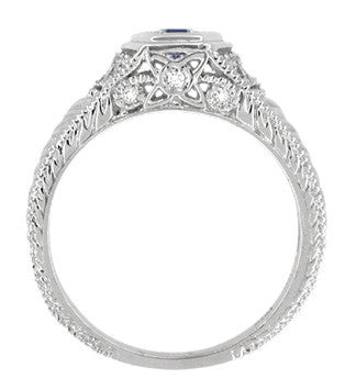Art Deco Filigree Sapphire and Diamond Engagement Ring in White Gold | Antique Inspired Low Profile Ring - Item: R646W10S - Image: 4