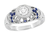 Art Deco Filigree Vintage Inspired Diamond Engagement Ring with Side Sapphires in 14 Karat White Gold