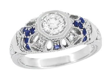 Art Deco Filigree Vintage Inspired Diamond Engagement Ring with Side Sapphires in 14 Karat White Gold