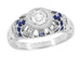 Art Deco Filigree Vintage Inspired Diamond Engagement Ring with Side Sapphires in 14 Karat White Gold