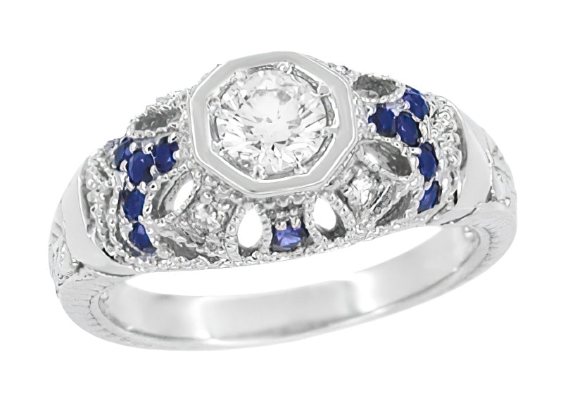 Art Deco Filigree Vintage Inspired Diamond Engagement Ring with Side Sapphires in 14 Karat White Gold