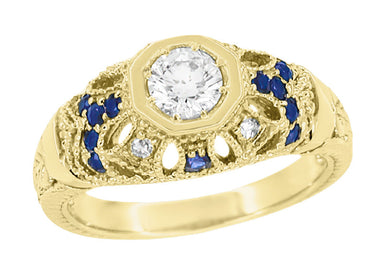 Antique Style Yellow Gold Art Deco Dome Filigree Diamond Engagement Ring with Side Blue Sapphires