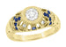 Antique Style Yellow Gold Art Deco Dome Filigree Diamond Engagement Ring with Side Blue Sapphires