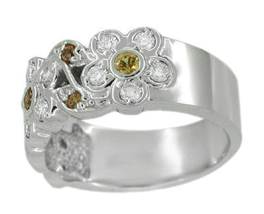 Spessartite Garnet and White Diamond Floral Wedding Band in 14 Karat White Gold - alternate view