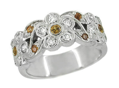 Spessartite Garnet and White Diamond Floral Wedding Band in 14 Karat White Gold