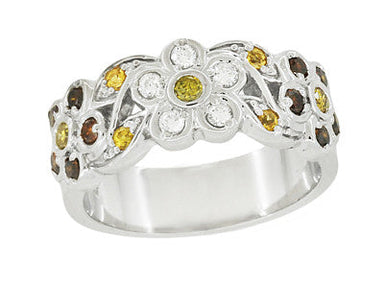 1960's Style Cocoa Brown Diamond, Yellow Diamond, and White Diamond Floral Wedding Band in 14K White Gold