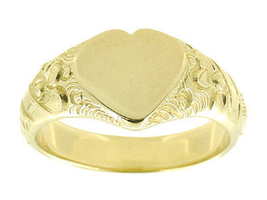 Victorian Heart Shape Scrolls and Flowers Heavy Signet Ring in 14K Yellow Gold For a Man - alternate view