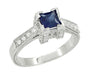 Square Blue Sapphire Engagement Ring in Platinum Art Deco Antique Setting with Side Diamonds R661SP