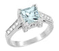 Art Deco 3/4 Carat Princess Cut Aquamarine Castle Engagement Ring in 18K White Gold with Diamonds