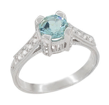 Art Deco 3/4 Carat Aquamarine Castle Engagement Ring in 18 Karat White Gold - alternate view