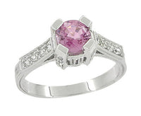 Art Deco Pink Sapphire Castle Engagement Ring in 18 Karat White Gold