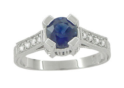 Luxe Deco Castle Blue Sapphire Engagement Ring in 18 Karat White Gold - Item: R663S - Image: 2