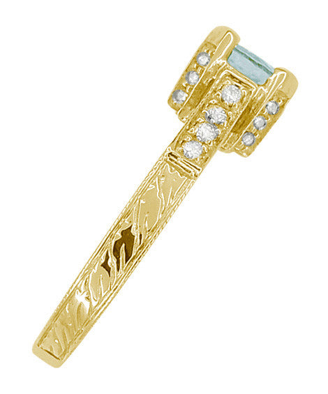 Art Deco Engraved Yellow Gold Filigree Castle 1 Carat Aquamarine Engagement Ring with Side Diamonds - Item: R664Y14A - Image: 5