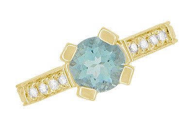 Art Deco Engraved Yellow Gold Filigree Castle 1 Carat Aquamarine Engagement Ring with Side Diamonds - Item: R664Y14A - Image: 7