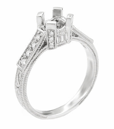 Art Deco 3/4 Carat Diamond Filigree Platinum Castle Engagement Ring Mounting for a Round or Asscher Diamond