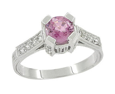 Art Deco 1 Carat Pink Sapphire Engraved Castle Engagement Ring in Platinum