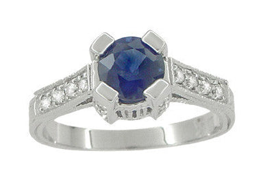 Art Deco 1 Carat Blue Sapphire Engraved Castle Engagement Ring in Platinum - alternate view