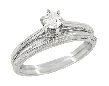 Platinum Art Deco Engraved Scrolls White Sapphire Engagement Ring and Wedding Ring Set