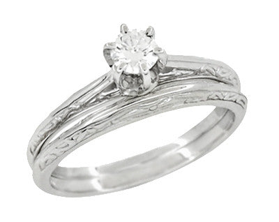 Platinum Art Deco Engraved Scrolls White Sapphire Engagement Ring and Wedding Ring Set