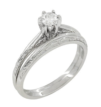 Art Deco Engraved Scrolls White Sapphire Engagement Ring and Wedding Ring Set in 14 Karat White Gold - alternate view