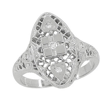 Art Deco Filigree Lozenge Shape Hearts & Diamonds Cocktail Ring in 14 Karat White Gold