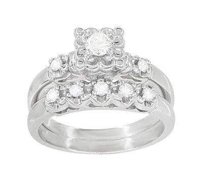 Lucky Clover Retro Moderne White Sapphires Wedding Set in 14K White Gold - Item: R674SWS - Image: 2