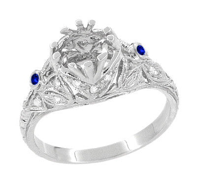 Edwardian Carved Platinum Round Stone Engagement Ring Mounting with Side Sapphires and Diamonds - Item: R679PS - Image: 3
