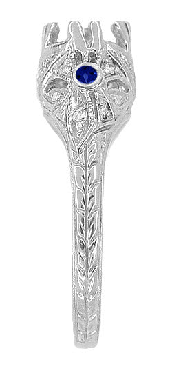 Edwardian Carved Platinum Round Stone Engagement Ring Mounting with Side Sapphires and Diamonds - Item: R679PS - Image: 5