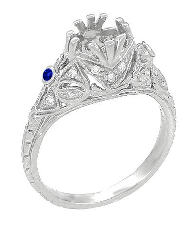 Edwardian Carved Platinum Round Stone Engagement Ring Mounting with Side Sapphires and Diamonds - alternate view