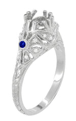 Edwardian Carved Platinum Round Stone Engagement Ring Mounting with Side Sapphires and Diamonds