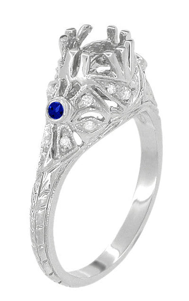 Edwardian Carved Platinum Round Stone Engagement Ring Mounting with Side Sapphires and Diamonds