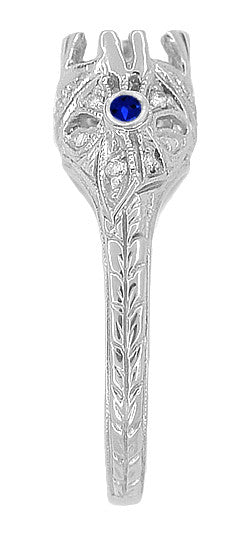 Edwardian Engagement Ring Setting for a Round Stone with Side Blue Sapphires and Diamonds in 18 Karat White Gold - Item: R679WS - Image: 5