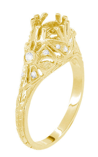 Antique Style Edwardian 3/4 - 1 Carat Round Filigree Engagement Ring Semimount in Yellow Gold - 14K or 18K - Item: R679Y14 - Image: 4