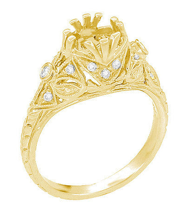 Antique Style Edwardian 3/4 - 1 Carat Round Filigree Engagement Ring Semimount in Yellow Gold - 14K or 18K - alternate view