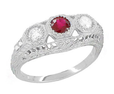 Filigree "Three Stone" Edwardian Ruby and Diamond Engagement Ring in Platinum
