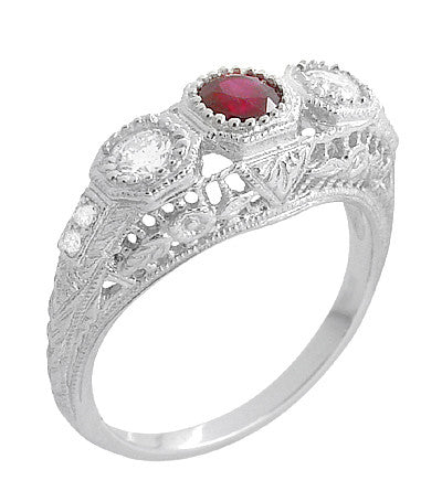 Filigree 3 Stone Ruby and Diamond Edwardian Trilogy Engagement Ring in 14 Karat White Gold - Item: R682WR - Image: 2
