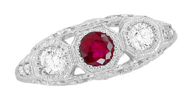 Filigree 3 Stone Ruby and Diamond Edwardian Trilogy Engagement Ring in 14 Karat White Gold - Item: R682WR - Image: 5