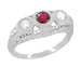 Filigree 3 Stone Ruby and Diamond Edwardian Trilogy Engagement Ring in 14 Karat White Gold
