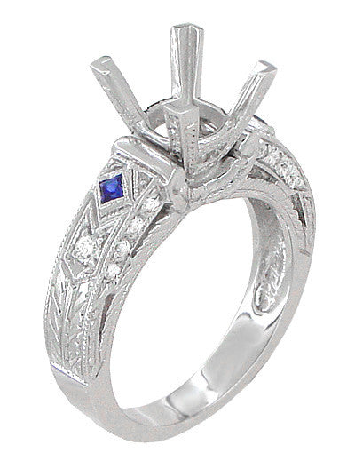 Art Deco 1 1/2 Carat Princess Cut Diamond Wheat Engraved Engagement Ring Setting in Platinum with Diamonds and Princess Cut Sapphires