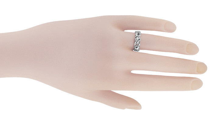 Filigree Lilies Artisan Wedding Band in 14 Karat White Gold - 6mm Wide - Item: R684 - Image: 3