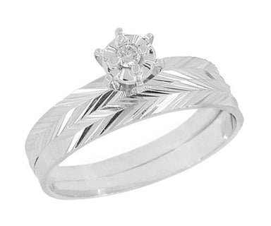 1970's Radiant Chevrons Vintage Bridal Set with Solitaire Diamond Engagement Ring and Wedding Band in 10 Karat White Gold
