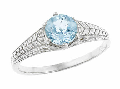 Art Deco Filigree Antique Platinum Aquamarine Solitaire Engraved Engagement Ring  - R688PA
