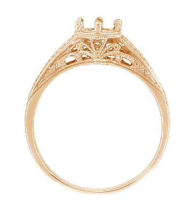 14 Karat Rose ( Pink ) Gold Art Deco Carved Wheat and Filigree Scrolls Engagement Ring Setting for a 3/4 Carat Diamond - Item: R688R - Image: 3