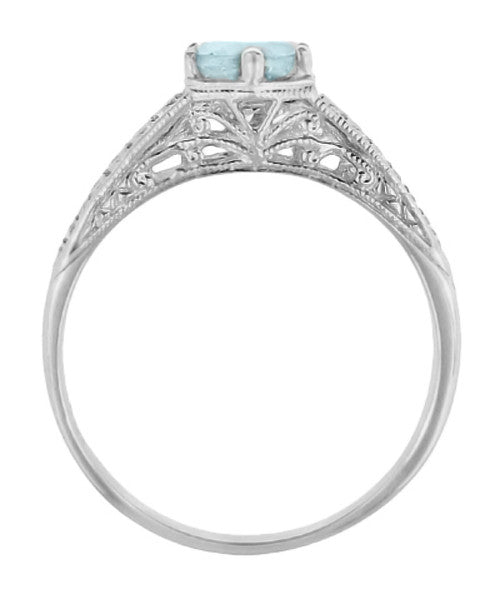 Art Deco Engraved Scrolls and Wheat Aquamarine Solitaire Engagement Ring in 18 Karat White Gold | 1920's Vintage Design - Item: R688WA-14 - Image: 3