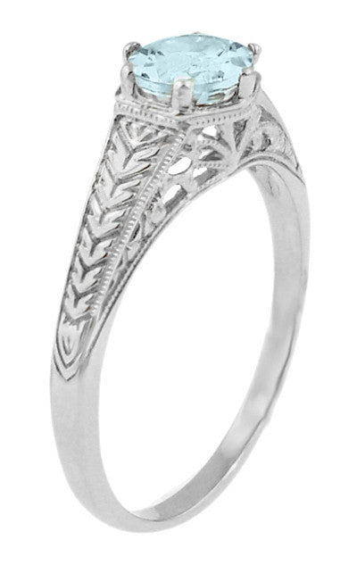 Art Deco Engraved Scrolls and Wheat Aquamarine Solitaire Engagement Ring in 18 Karat White Gold | 1920's Vintage Design - Item: R688WA-14 - Image: 2