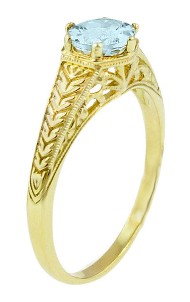 Art Deco Scrolls and Engraved Wheat Aquamarine Solitaire Filigree Engagement Ring in 18 Karat Yellow Gold
