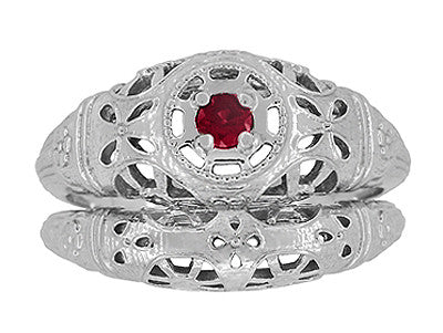 1920's Art Deco Low Dome Filigree Ruby Ring in White Gold - Item: R698 - Image: 7
