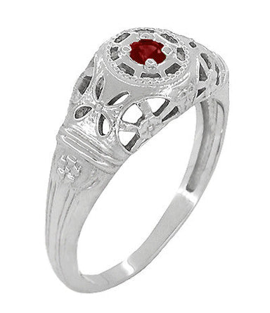 1920's Art Deco Low Dome Filigree Ruby Ring in White Gold - alternate view