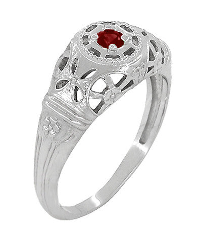 1920's Art Deco Low Dome Filigree Ruby Ring in White Gold - Item: R698 - Image: 2